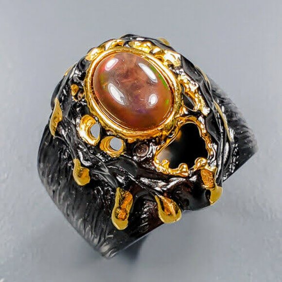 Artisan Black Opal Sterling & 14 kt Gold Ring - Picture 8 of 9